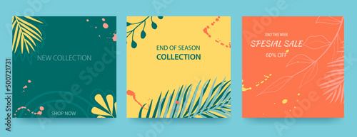 Set of sale banners with tropical leaves, plants and blots. Announcement of a new collection, discounts on it. Template for sale, advertising, Internet. Vector