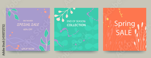 Spring square backgrounds in pastel colors. Minimalistic style with floral elements and texture. Editable sales template. Vector