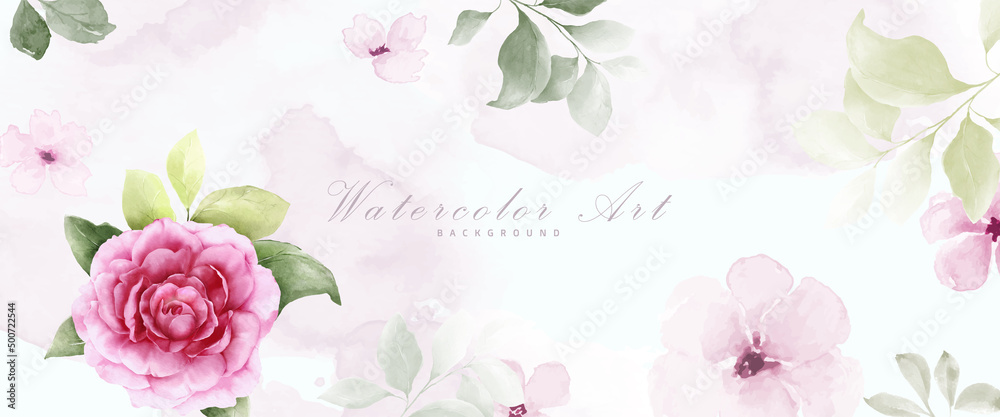 Pink rose and leaves watercolor abstract art background