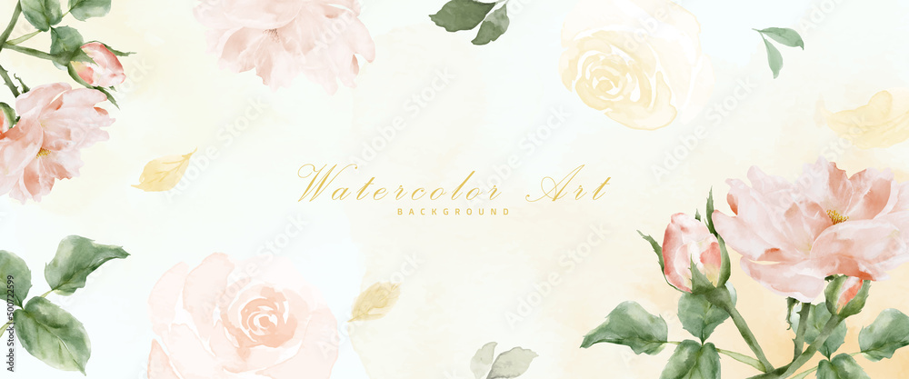 Rose and leaves watercolor abstract art light yellow background