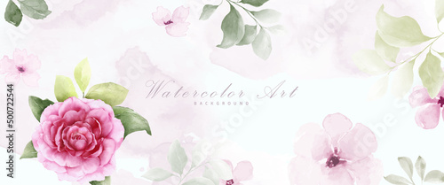 Obraz na plátně Pink rose and leaves watercolor abstract art background