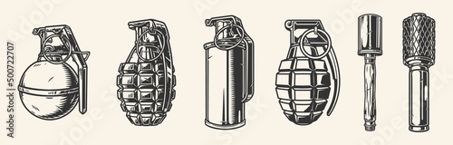 Hand grenades vintage set monochrome photo