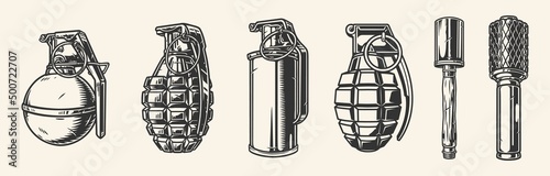 Hand grenades vintage set monochrome