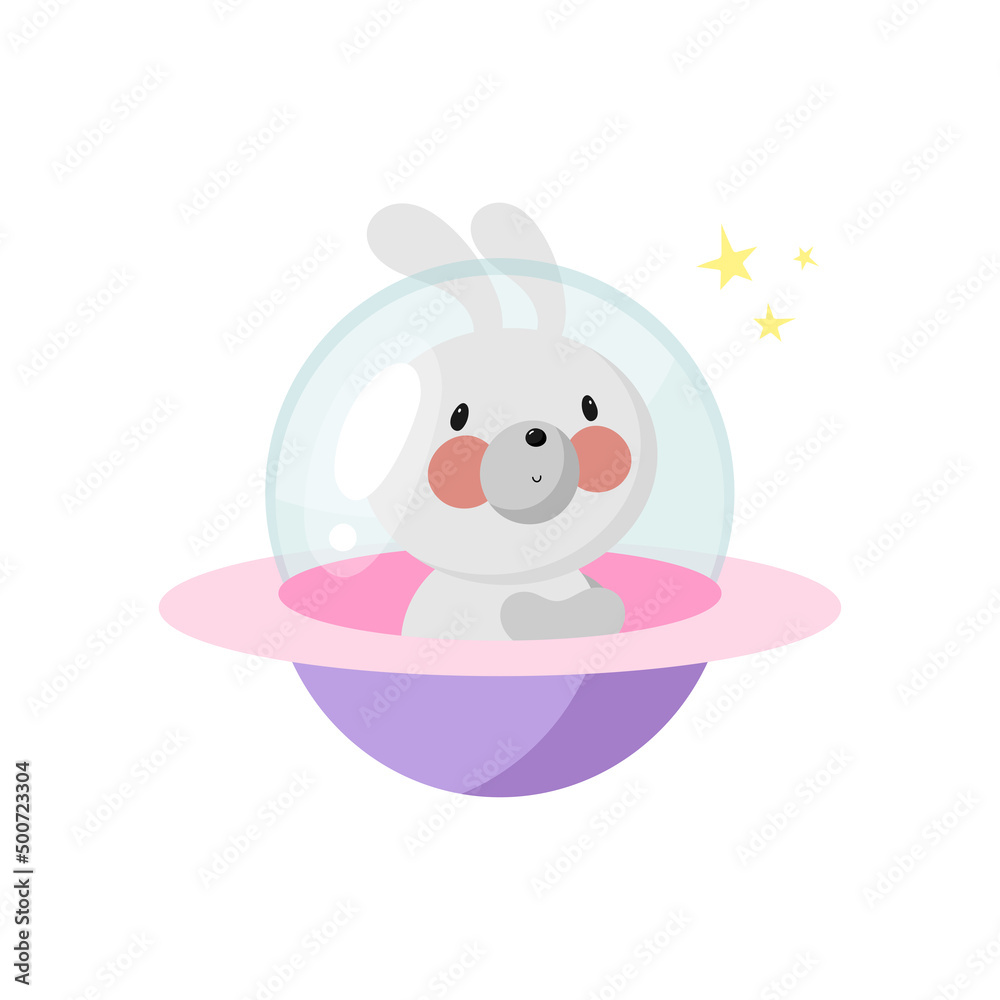 Cute Rabbit on the the spaceship. Cartoon style. Vector illustration. For kids card, posters, banners, children books, printing on the pack, printing on clothes, fabric, wallpaper, textile or dishes. Cute Rabbit on the the spaceship. Cartoon style. Vector illustration. For kids card, posters, banners, children books, printing on the pack, printing on clothes, fabric, wallpaper, textile or dishes.