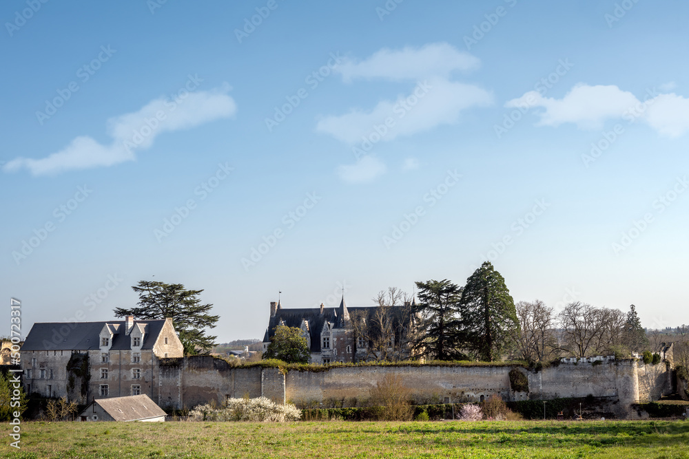 View of the castle of Montrésor and its walls on a sunny spring afternoon, Indre et Loire, France