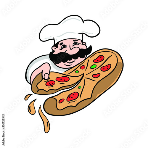 Italian chef with a pizza. Pizzaiolo vector illustration.