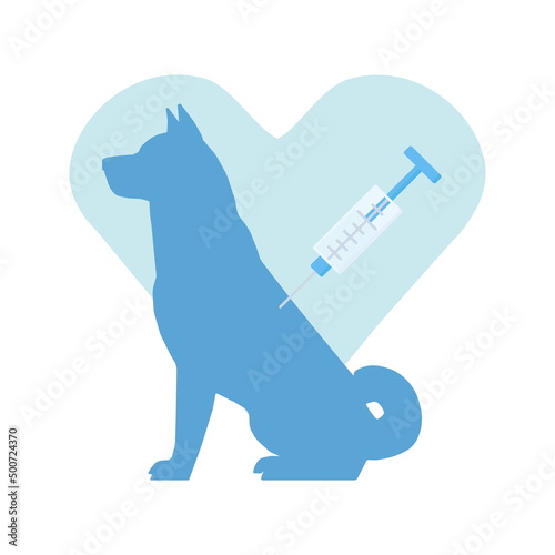 Dog with a vaccination syringe on the background of the heart. for stickers of vaccinations, the logo of a veterinary clinic, as a design for the main page of an animal document, etc.