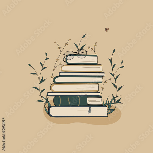 Concept:book is source of knowledge.Glasses on stack of books.Pile of volumes surrounded by plants as symbol of education and reading book.For library or bookstore.Hand drawn vector