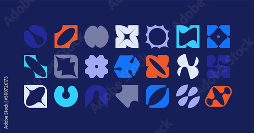 Set of geometric logos. Modern bold brutalistic square objects and shapes. Colorful minimalistic silhouette figures. Contemporary design. Vector illustration