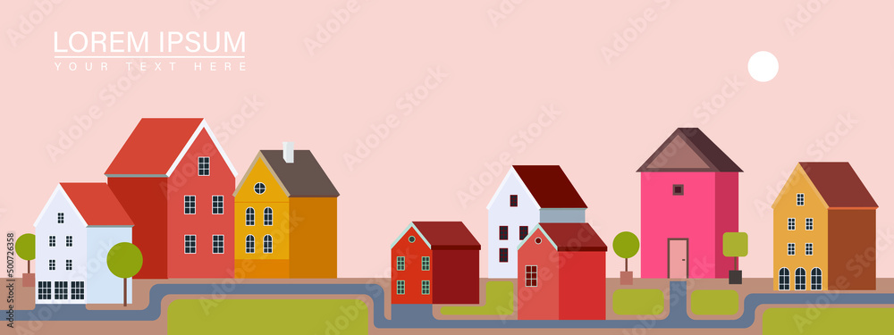 Obraz premium Small houses at the road horizontal banner flat vector illustration