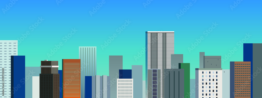 City landscape with buildings skyscrapers and space for text horizontal banner and background web flat vector illustration