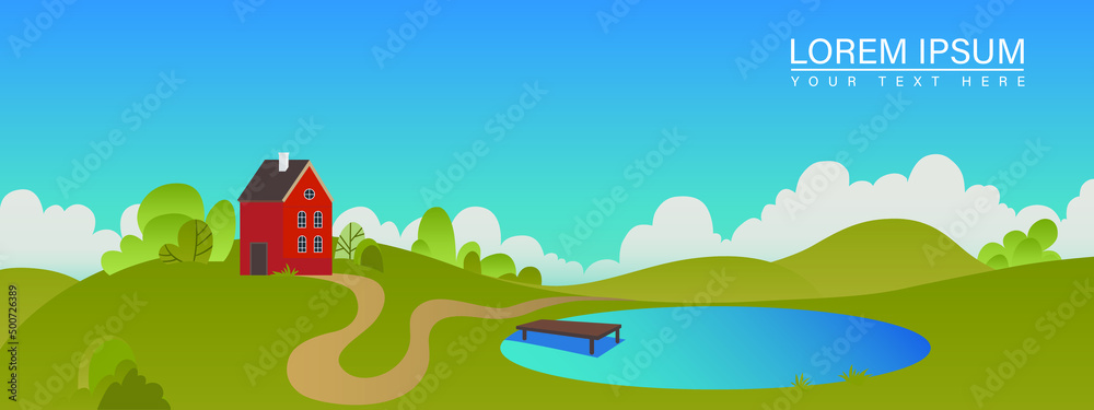 Obraz premium Red village house in the hills landscape with lake horizontal banner flat vector illustration
