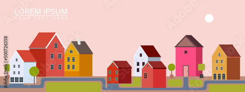 Small houses at the road horizontal banner flat vector illustration
