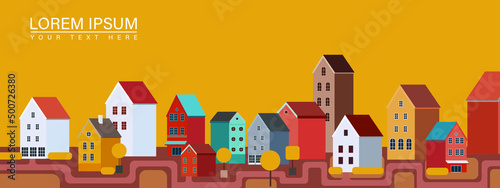 Colorful houses at the road horizontal banner flat vector illustration