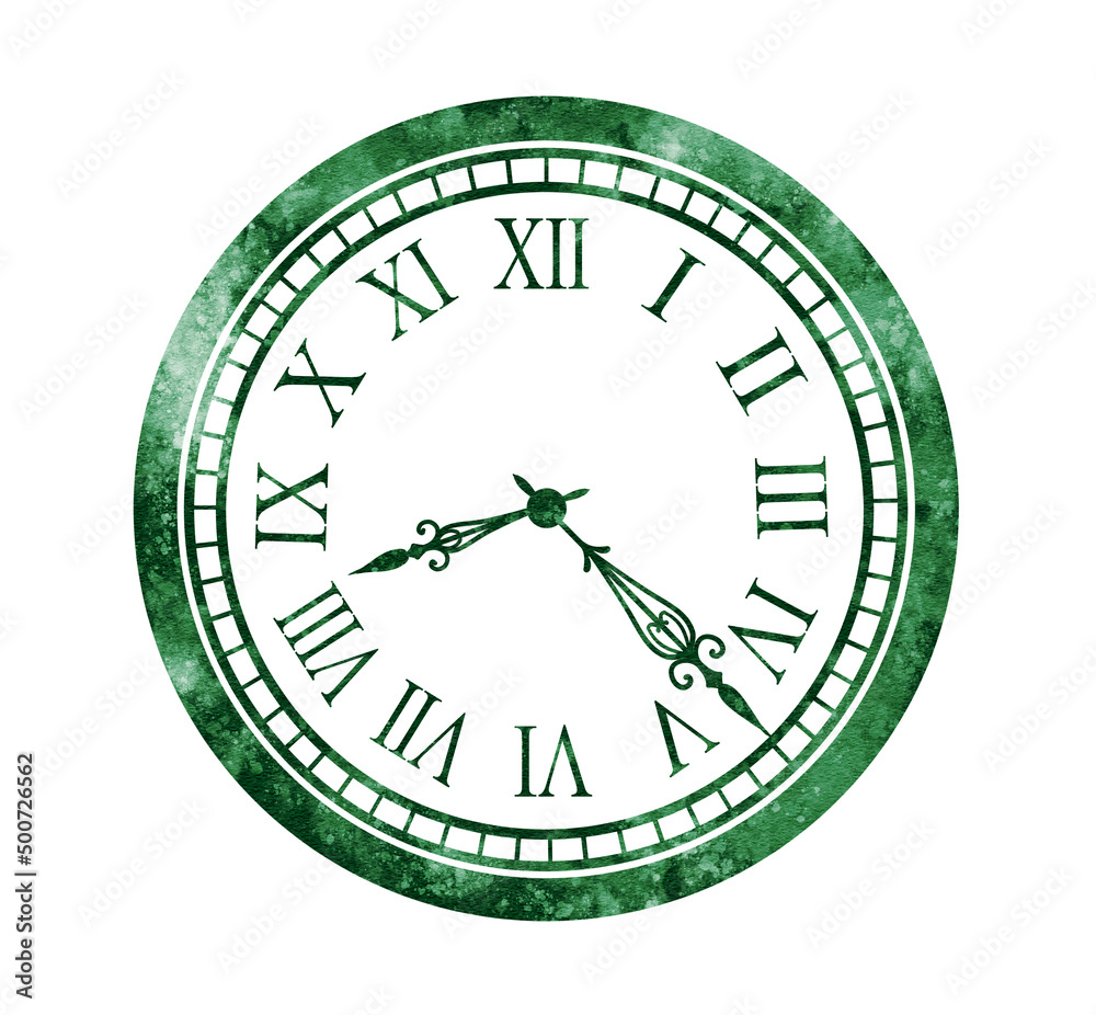 Green antique clock drawn in digital watercolor Green antique clock drawn in digital watercolor