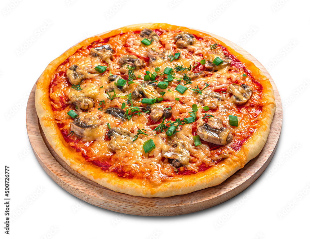 Pizza with mushrooms, tomatoes, cheese and herbs is isolated on a white background.