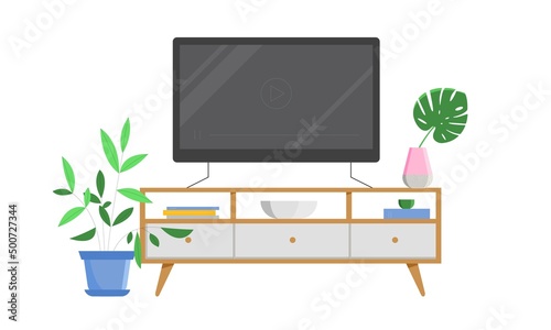 TV cabinet interior with decorative elements, houseplants, books. Flat vector illustration on white background