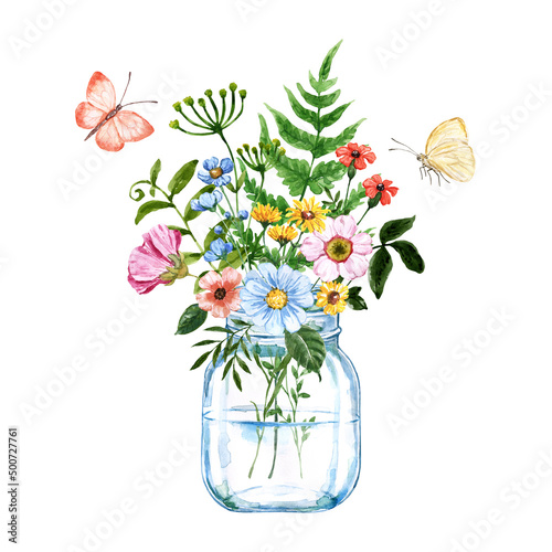 Foto Watercolor illustration of glass mason jar with wildflower bouquet