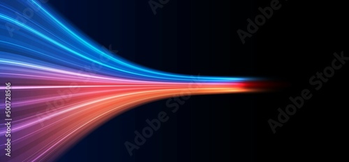 Modern abstract high-speed light effect. Abstract background with curved beams of light. Technology futuristic dynamic motion. Movement pattern for banner or poster design background concept. photo