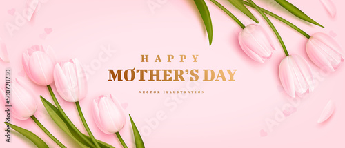 Mother's day greeting background with realistic tulips on pink background. Vector illustration for poster, brochures, booklets, promotional materials, website