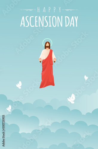 Happy Ascension Day Design with Jesus Christ in Heaven Vector Illustration.  Illustration of resurrection Jesus Christ. Sacrifice of Messiah for humanity redemption. 