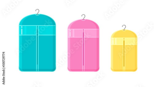 Clothes storage cover, dust protection bag for garment. Vector cartoon set of plastic dustproof suit cover bags with zipper and hanger for adult and kids dress, coat and jacket. Laundry icons