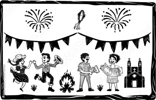 Festa Junina. Arraiá com pessoas dançando e tocando músicas.