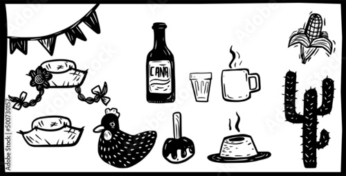 June party elements. Fairy foods. Separated vectors in woodcut style.