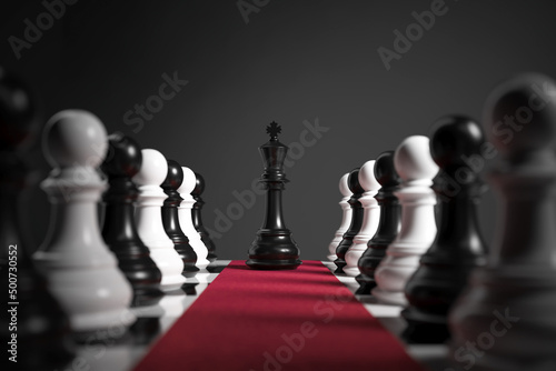 Fototapete leader & success, king chess piece on red carpet, Chess board game concept of business strategy idea, 3d rendering