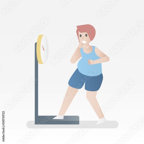 Fat woman worry stand on electronic scales,Overweight and Obese people,problems feeling unhappy stressed,Healthcare concept,Vector illustration.