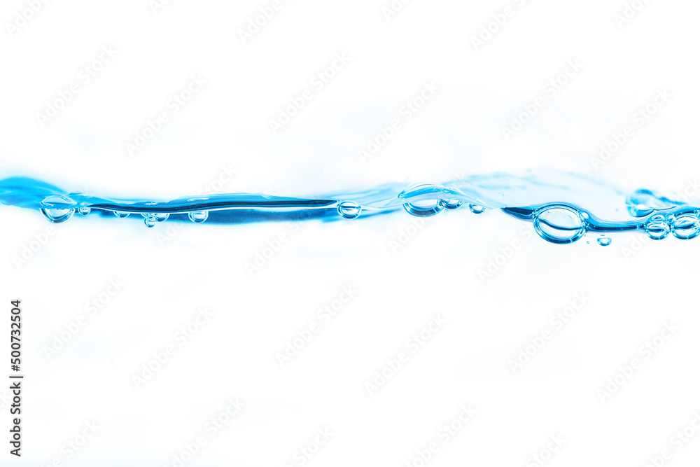Background image of moving water in waves isolated on white background, clear water, water bubbles,macro