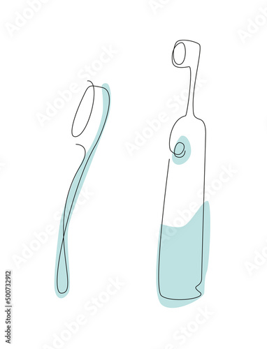 Toothbrush and electric tooth brush one line. Tooth care line art. Dental care