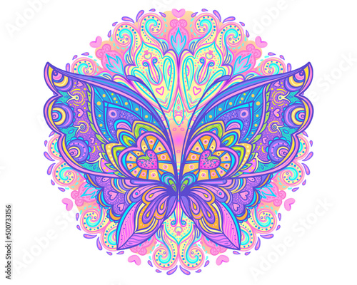 Ornate butterfly over colorful round mandala pattern. Ethnic patterned vector illustration. African, indian, totem, tribal, zentangle design. Sketch for tattoo, posters, t-shirt print, fabric design.