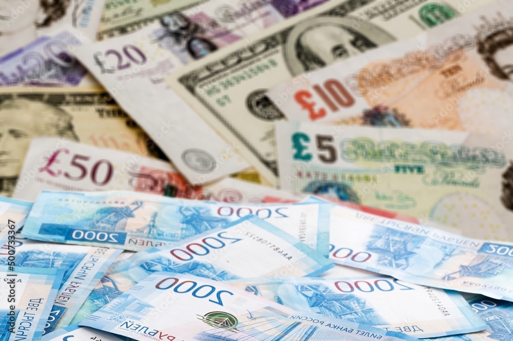 Russian rubles with US dollars and euro. Concept of exchange rate Russian rubles with US dollars and euro. Concept of exchange rate
