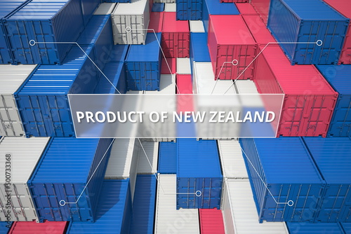 Many cargo containers with products of New Zealand. Export or import related 3D rendering photo