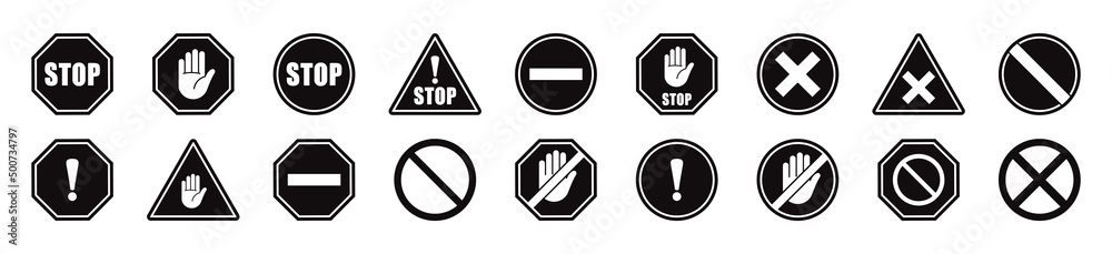 stop black sign icon set. stop sign. stop symbol with hand. stop traffic signs. Vector illustration