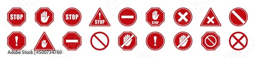 stop red sign icon set. stop sign. stop symbol with hand. stop traffic signs. Vector illustration
