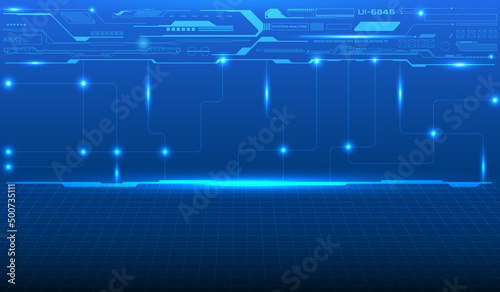 Digital virtual reality HUD UI element design with blue glow light rays horizontal line on perspective grid 3d floor futuristic vector background concept.