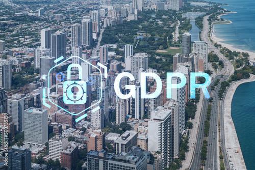 Aerial panorama city of Chicago downtown area and Lake  day time  Illinois  USA. Birds eye view  skyscrapers. GDPR hologram  concept of data protection regulation and privacy for all individuals