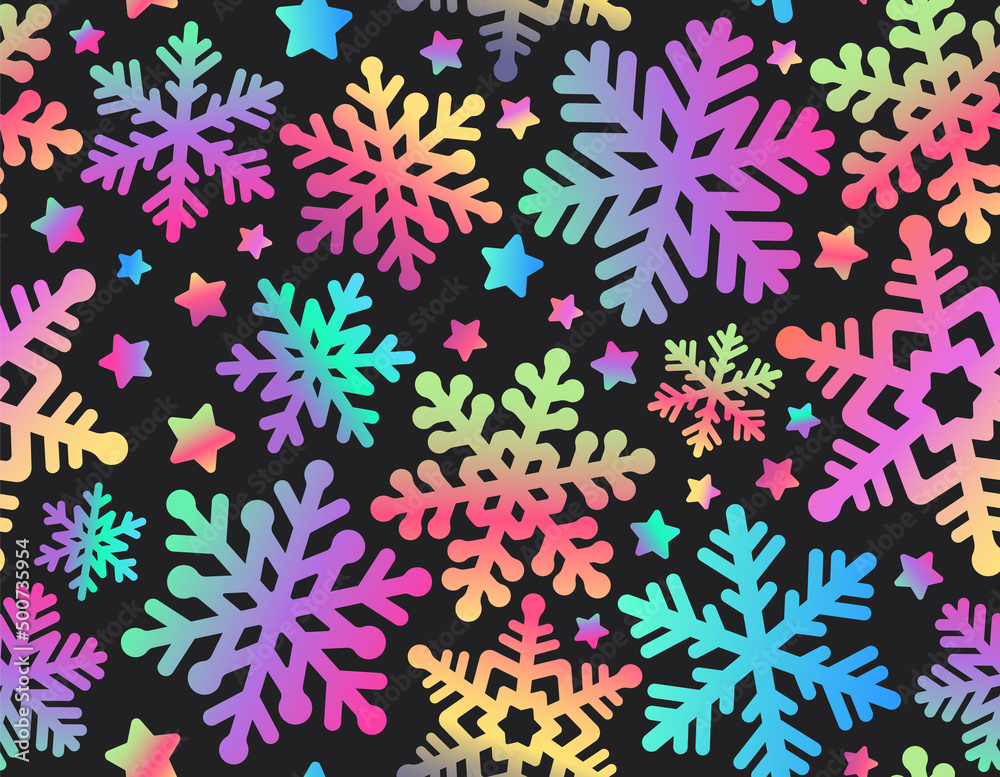 Christmas seamless pattern with snowflakes. Rainbow snowflakes on a black background. Winter background.