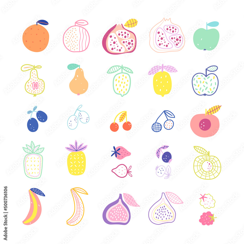 Set of vector fruit elements isolated on white background. Vector illustration in cartoon style