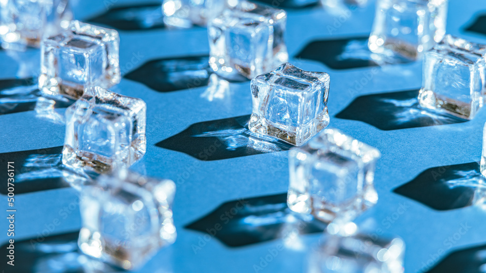 Cold ice on blue background, Cool summer background, Nobody Cold ice on blue background, Cool summer background, Nobody