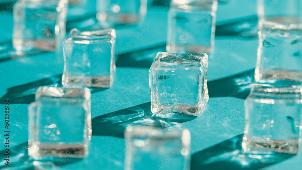 Cold ice on blue background, Cool summer background, Nobody Cold ice on blue background, Cool summer background, Nobody