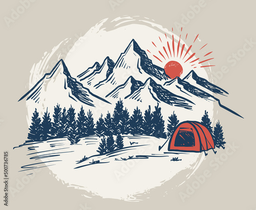 Sketch Camping in nature set, Mountain landscape, vector illustrations.	
