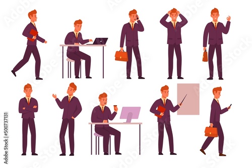 Cartoon businessman poses. Young office male character in strict clothes, different actions and emotions, working environment, man standing walking and sitting, hold phone and book vector set