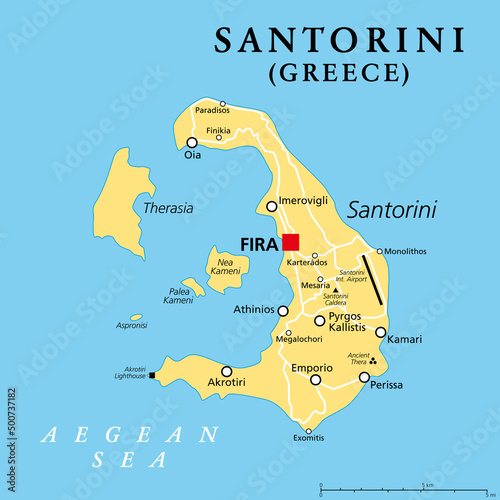 Santorini, an island of Greece, political map. Officially Thira and classical Greek Thera, is an archipelago and remnant of a caldera in the Aegean Sea, and the southernmost member of the Cyclades. 
