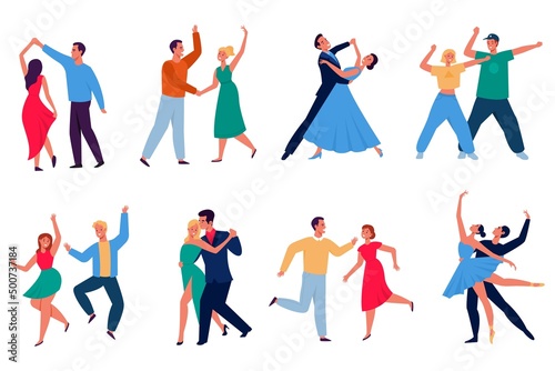 Cartoon dancing couples. Different dancers performing, happy persons in stage outfits, funny cartoon characters, men and women, waltz and tango, modern choreography and ballet vector set