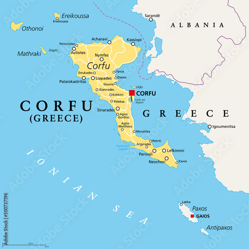 Corfu, island of Greece, political map. Also known as Kerkyra, a Greek island in the Ionian Sea and part of the Ionian Islands. With Othonoi, Ereikoussa and Mathraki it forms the Corfu Regional Unit.
