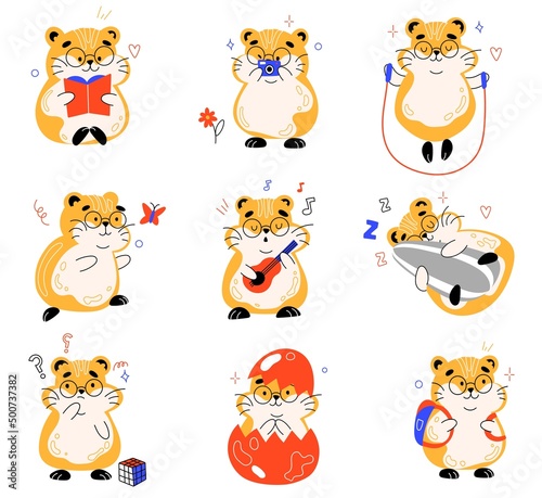 Cute fluffy hamster. Funny little rodent, cartoon happy kids character, different poses, actions and emotions, comic mascot, pet read book, play guitar and walking vector cartoon set