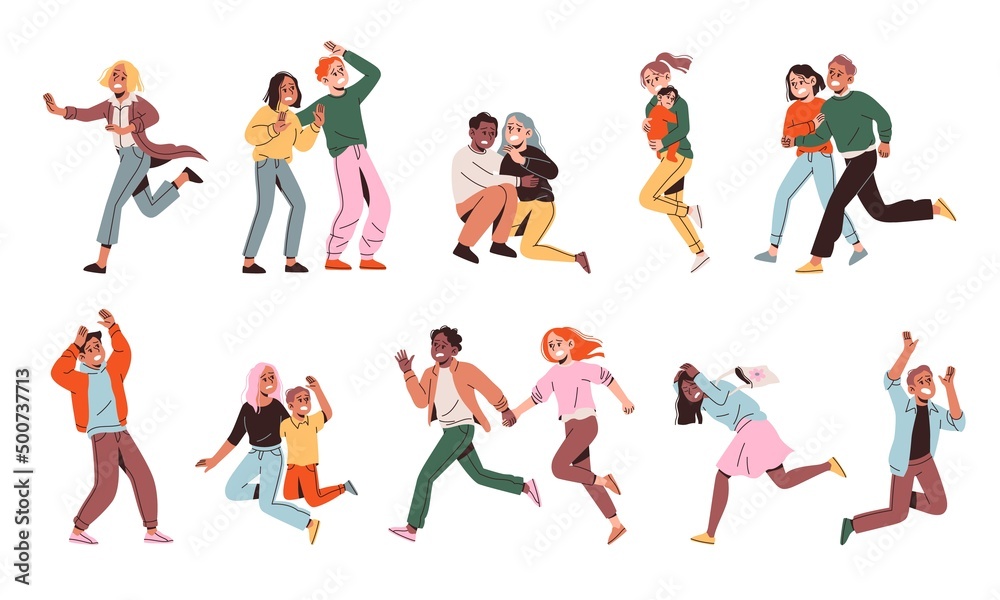People run afraid. Scared men and women with children, shocked terrified persons escaping, scared couple, scream characters in casual clothes, negative emotion vector cartoon flat set